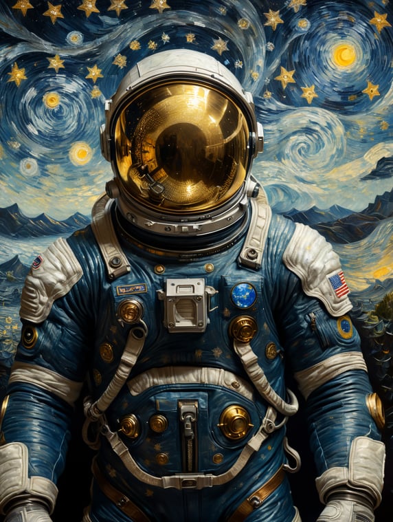 The astronaut's suit glimmers in ...