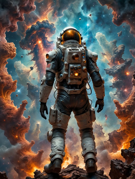 The astronaut's suit glimmers in ...