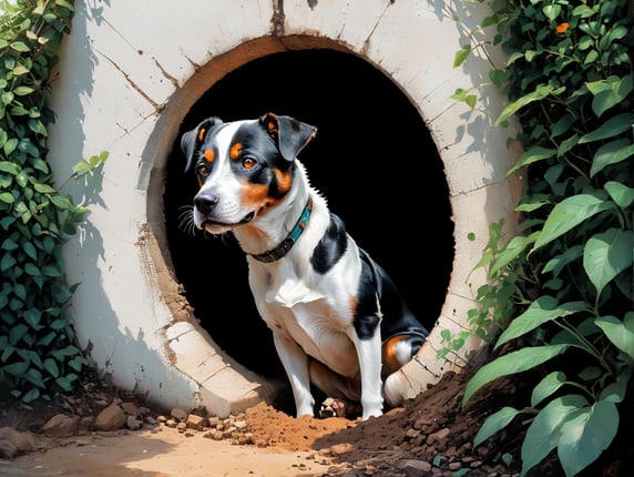 Black an white dog digging a hole...
