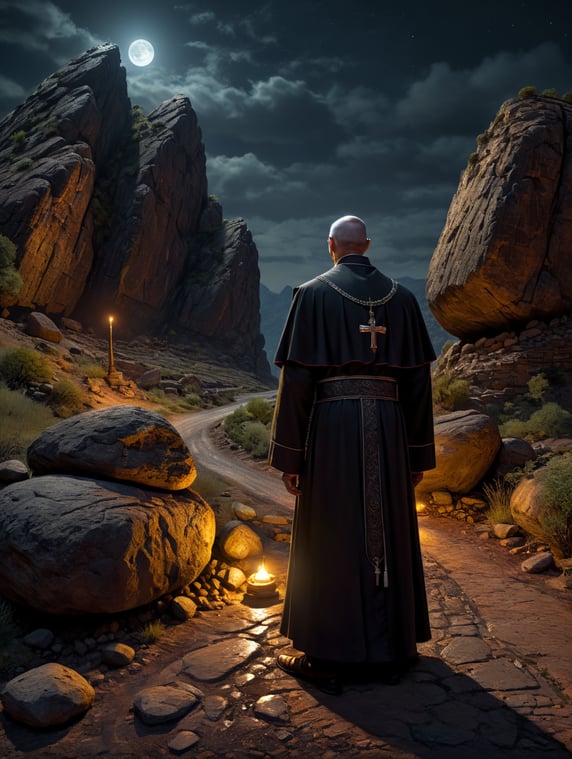 a priest near a rock on the road ...
