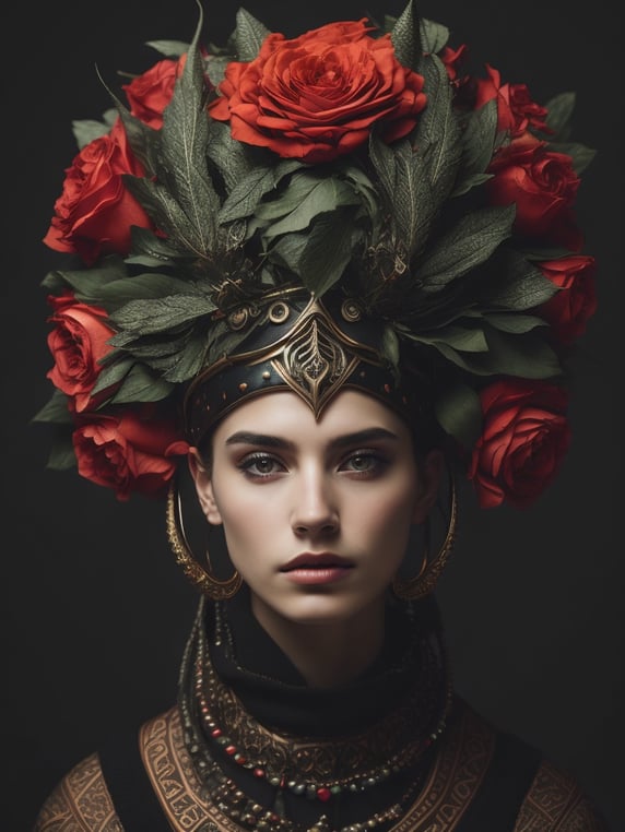 a girl wears a headdress with hor...