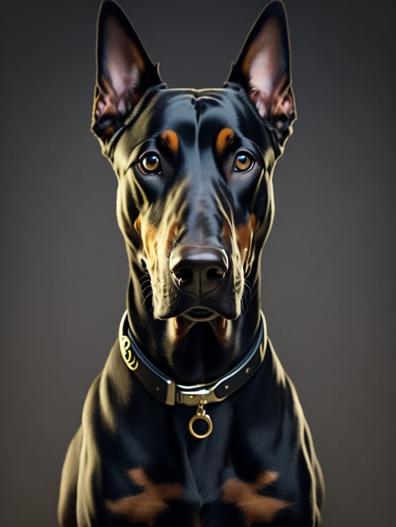 Doberman dog holding two pistol a...