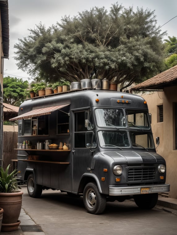 Dark grey vintage food truck stan...