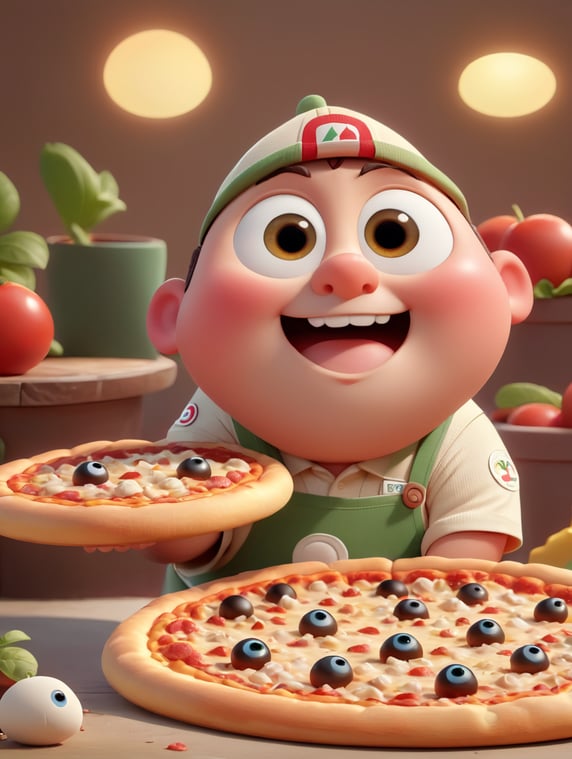 Pixar style, tiny cute fat pizza ...