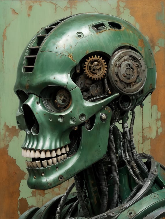 a thin robot painted in a dull an...