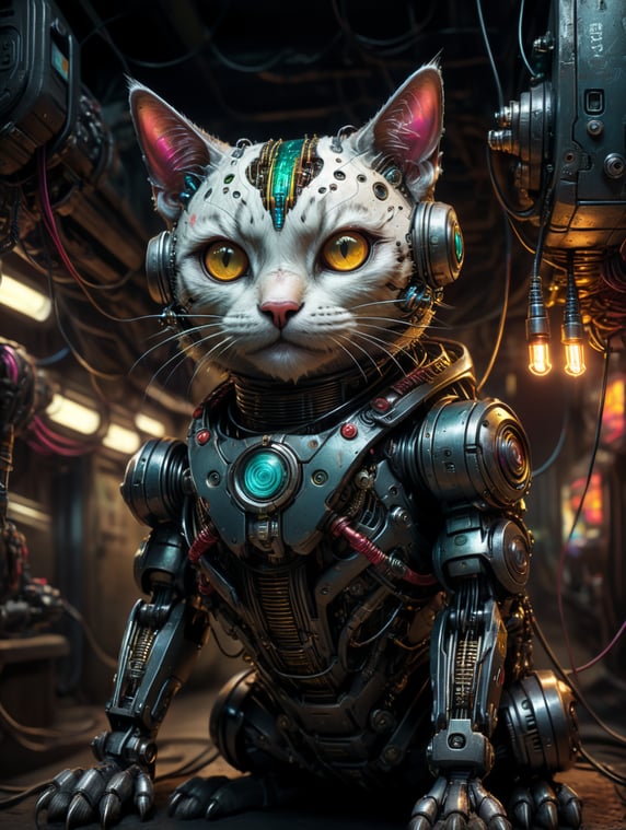 cute cyberpunk robot cat in an un...