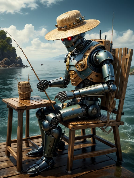 Android robot fishing on the sea....