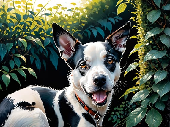 Black an white dog digging a hole...