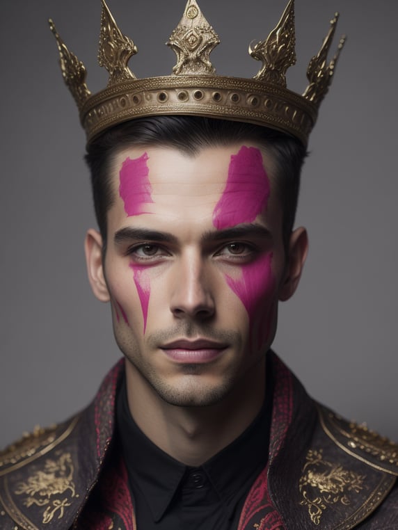a man wearing a crown with pink p...