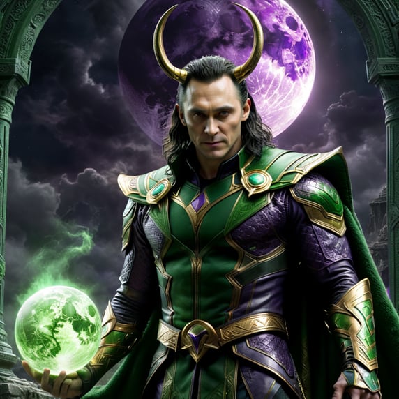 Loki, magician, green magic, purp...