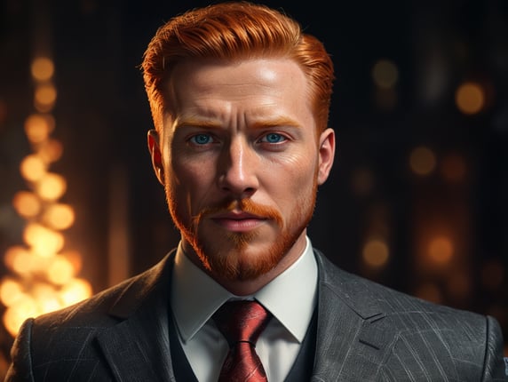 A ginger man in a suit with a goa...