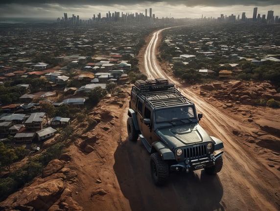 arial shot of a 4x4 Jeep moving t...