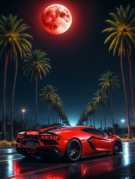 Modern red supercar, night, long ...