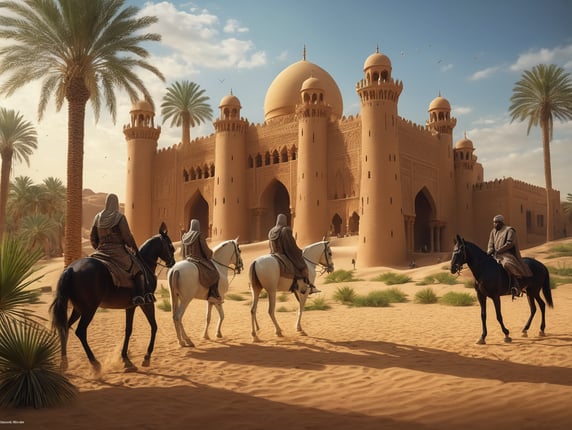 فرسان على أحصنه في الصحراء، واحة ...