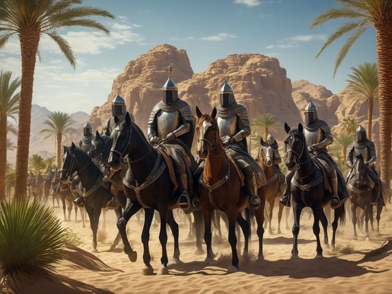 فرسان على أحصنه في الصحراء، واحة ...