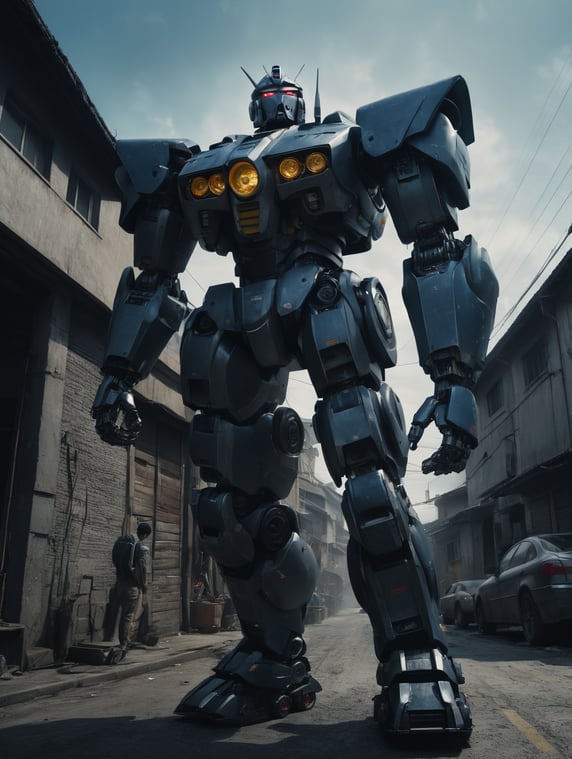Large bipedal robot squashing a c...