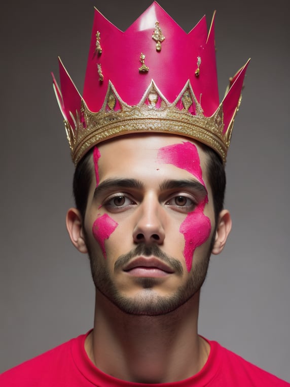 a man wearing a crown with pink p...