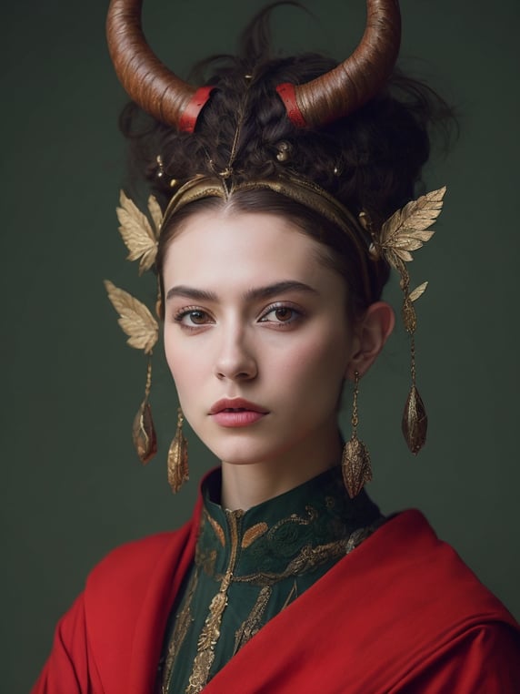 a girl wears a headdress with hor...