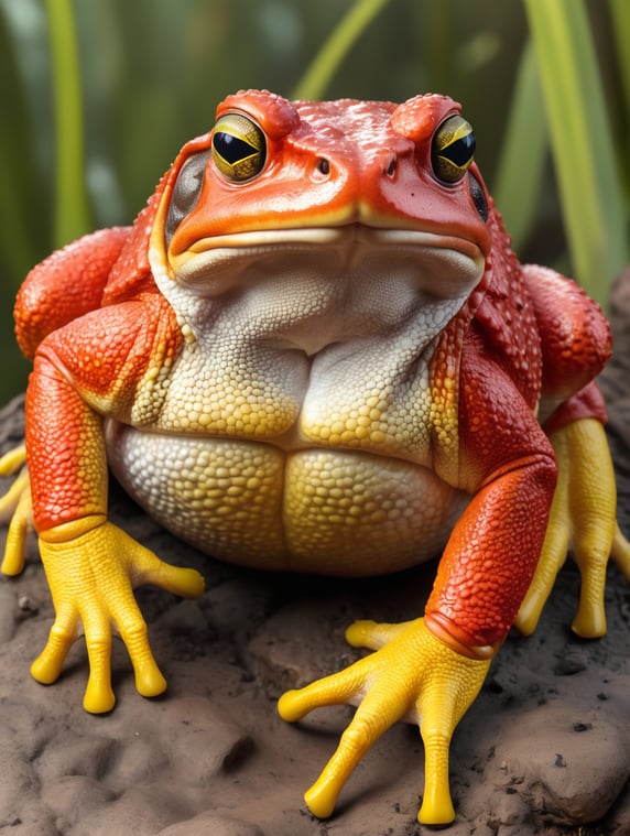a realistic big red toad with yel...
