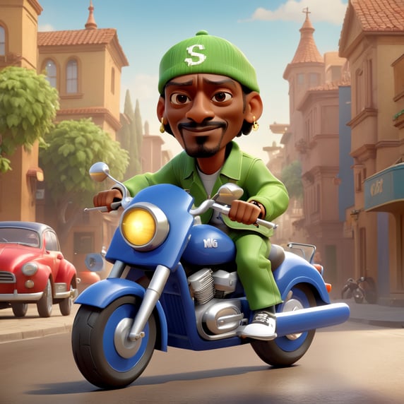 snoop dogg pixar style riding mot...